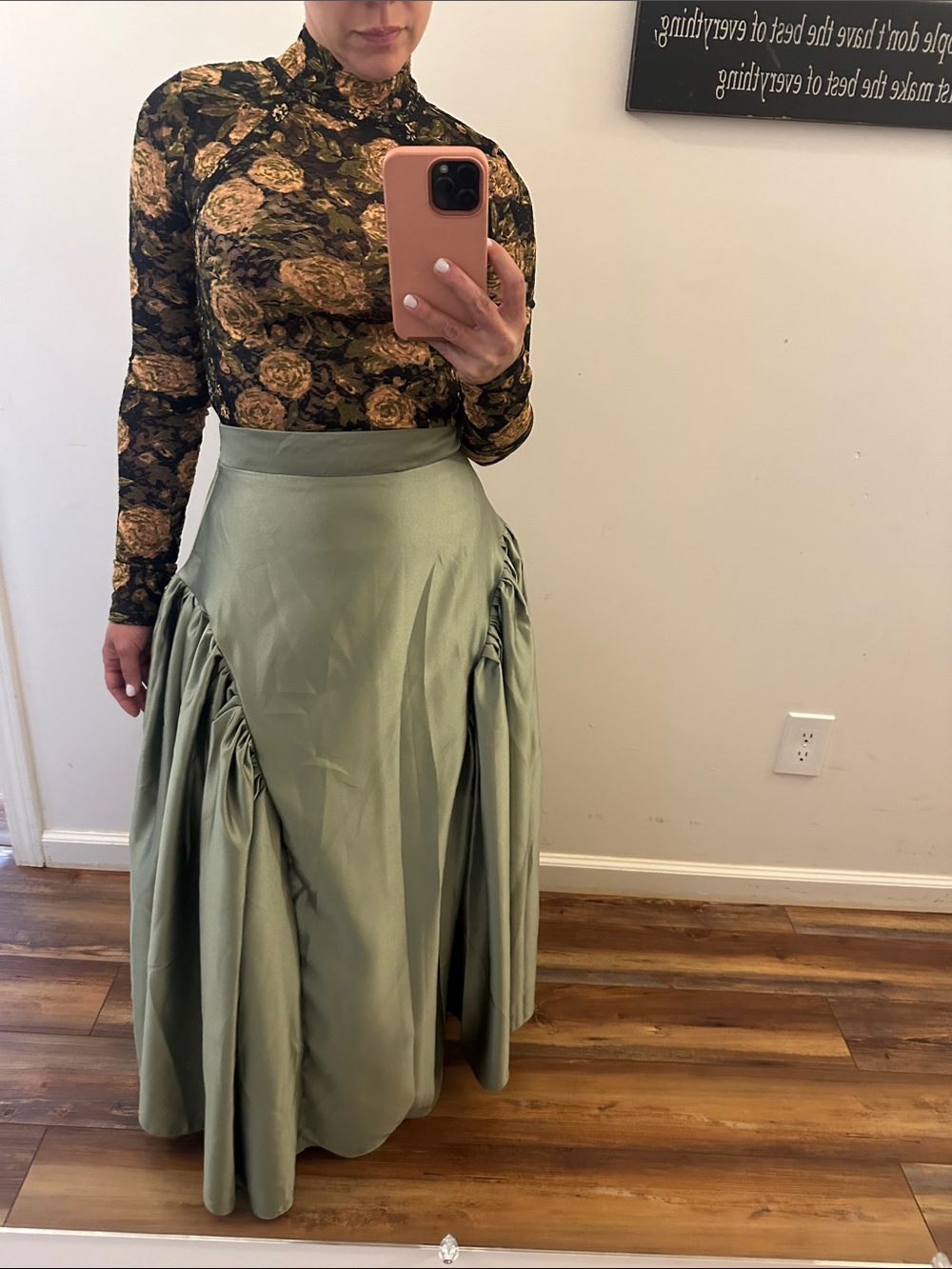 NWT Silk HightRise Olive Textured -Maxi Skirt /Gathered panel Sz Small - Picture 7 of 16